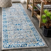 JONATHAN Y MODERN PERSIAN Boho Floral Runner Rug, 2 x 8, Gray/Navy