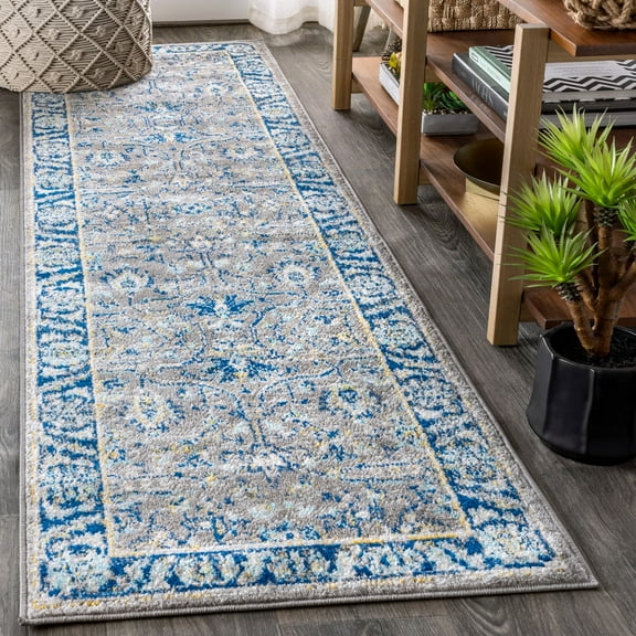 JONATHAN Y MODERN PERSIAN Boho Floral Runner Rug, 2 x 8, Gray/Navy