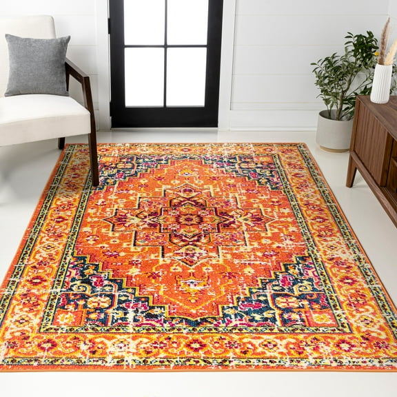 JONATHAN Y MODERN PERSIAN 5 x 8 Area Rug, Brooklyn Geometric Medallion - Orange/Blue, MDP207D-5