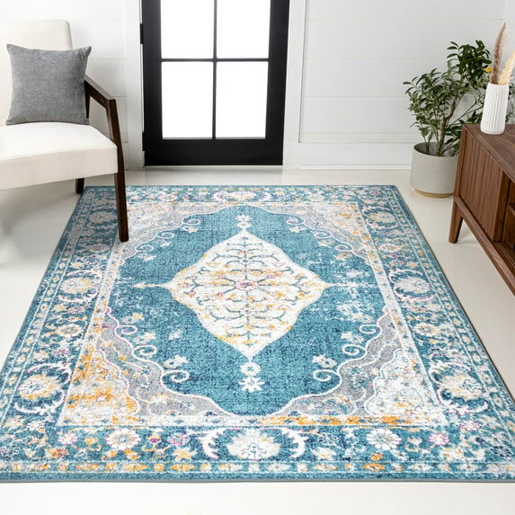 JONATHAN Y MODERN PERSIAN 4 x 6 Area Rug, Zelda Bohemian Cottage Medallion - Turquoise/Gray, MDP213A-4
