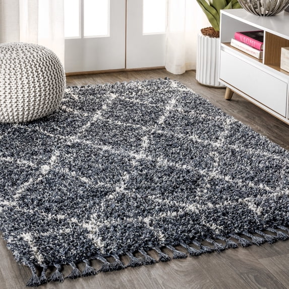 JONATHAN Y MERCER SHAG 4 x 6 Area Rug, Mercer Plush Tassel Moroccan Geometric Trellis - Blue/Cream, MCR101A-4
