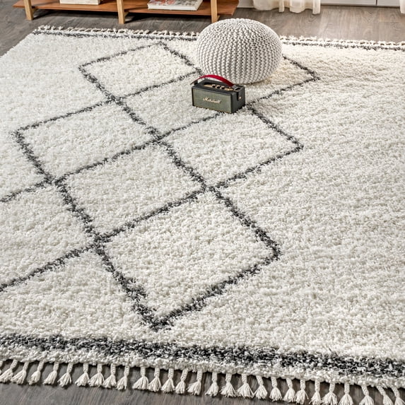JONATHAN Y MERCER SHAG 4 x 6 Area Rug, Mercer Plush Tassel Moroccan Geometric Trellis - Cream/Gray, MCR103B-4