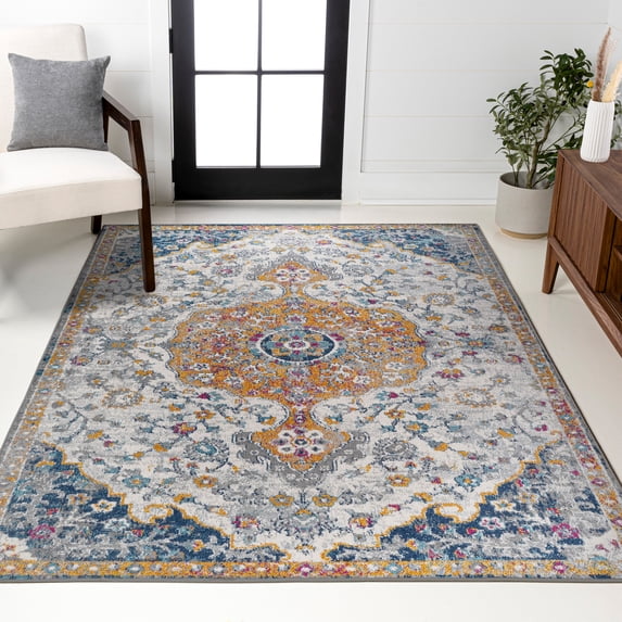 JONATHAN Y MODERN PERSIAN 8 x 10 Area Rug, Lorena Ornate Boho Medallion - Light Gray/Dark Blue/Orange, MDP211A-8