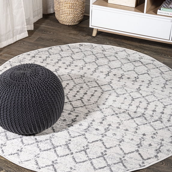 JONATHAN Y MOROCCAN HYPE 5' Round Area Rug, Boho Vintage Diamond - Cream/Gray, MOH101B-5R