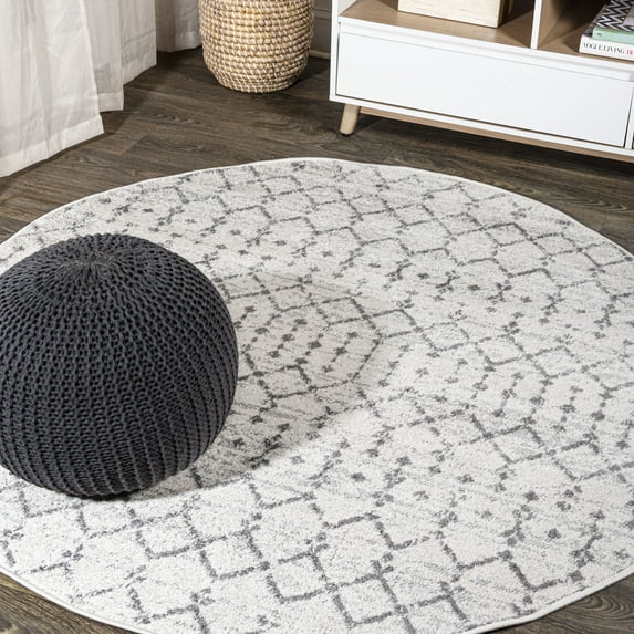 JONATHAN Y MOROCCAN HYPE 5' Round Area Rug, Boho Vintage Diamond - Cream/Gray, MOH101B-5R