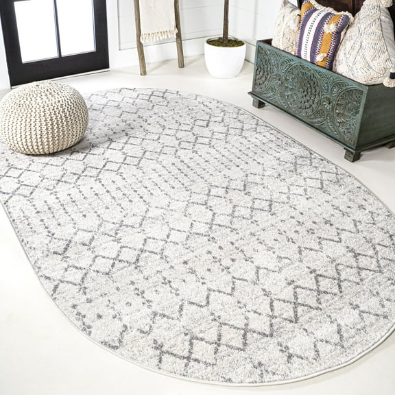JONATHAN Y MOROCCAN HYPE 6 x 9 Oval Area Rug, Boho Vintage Diamond - Cream/Gray, MOH101B-6OV