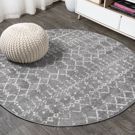 JONATHAN Y MOROCCAN HYPE 5' Round Area Rug, Boho Vintage Diamond - Gray/Ivory, MOH101C-5R