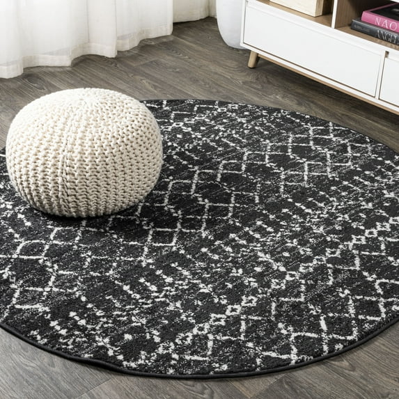 JONATHAN Y MOROCCAN HYPE 5' Round Area Rug, Boho Vintage Diamond - Black/Ivory, MOH101D-5R