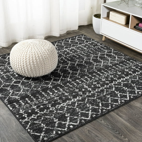 JONATHAN Y MOROCCAN HYPE 5' Square Area Rug, Boho Vintage Diamond - Black/Ivory, MOH101D-5SQ