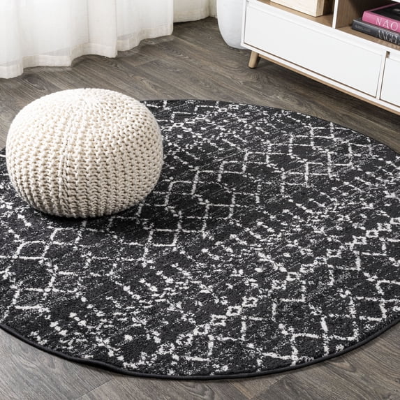JONATHAN Y MOROCCAN HYPE 8' Round Area Rug, Boho Vintage Diamond - Black/Ivory, MOH101D-8R