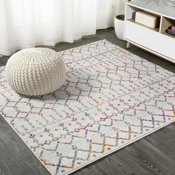 JONATHAN Y MOROCCAN HYPE 5' Square Area Rug, Boho Vintage Diamond - Ivory/Multi, MOH101E-5SQ