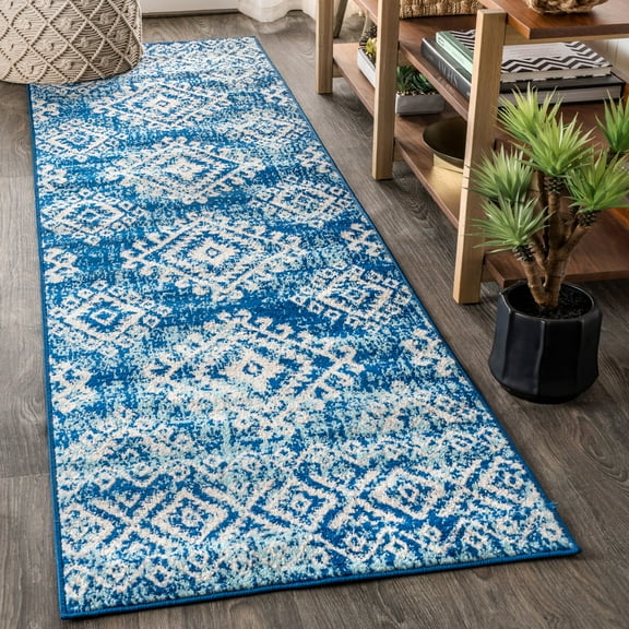 JONATHAN Y MOROCCAN HYPE 2 x 8 Runner Rug, Boho Vintage Tribal - Blue/White, MOH102A-28