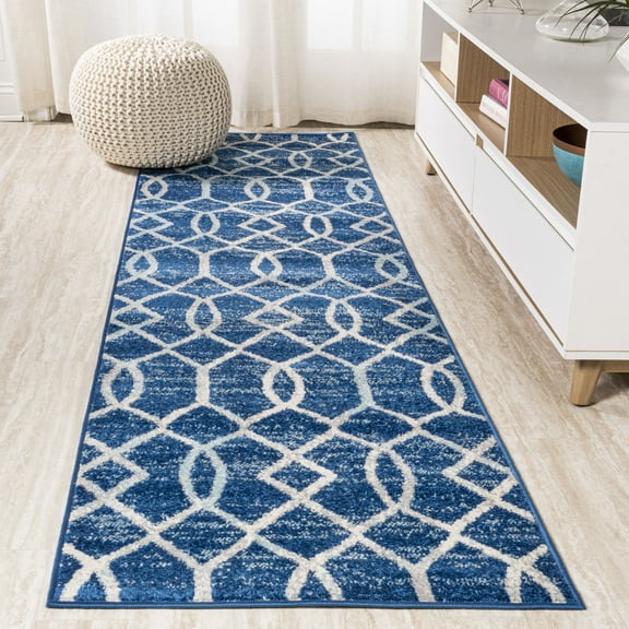 JONATHAN Y MOROCCAN HYPE 2 x 8 Runner Rug, Asilah Ogee Fretwork - Blue/Gray, MOH104B-28