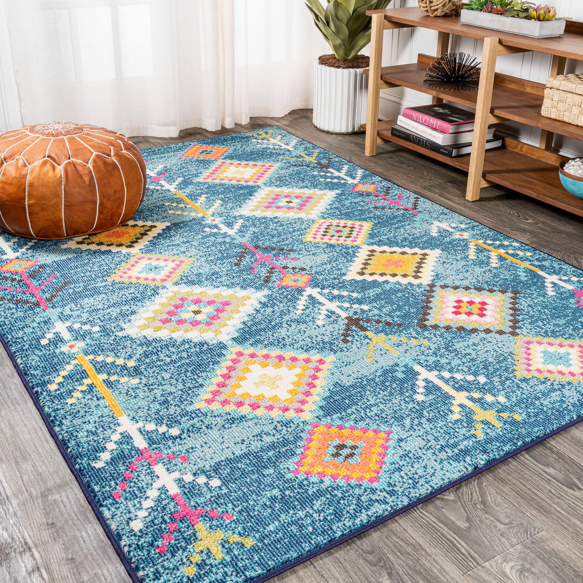 4' x 6' Dark Blue Geometric Synthetic Area Rug
