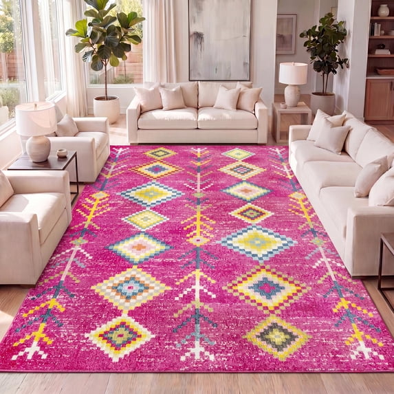 JONATHAN Y MOROCCAN HYPE 3 x 5 Area Rug, Tribal Love Geometric - Pink/Multi, MOH105B-3