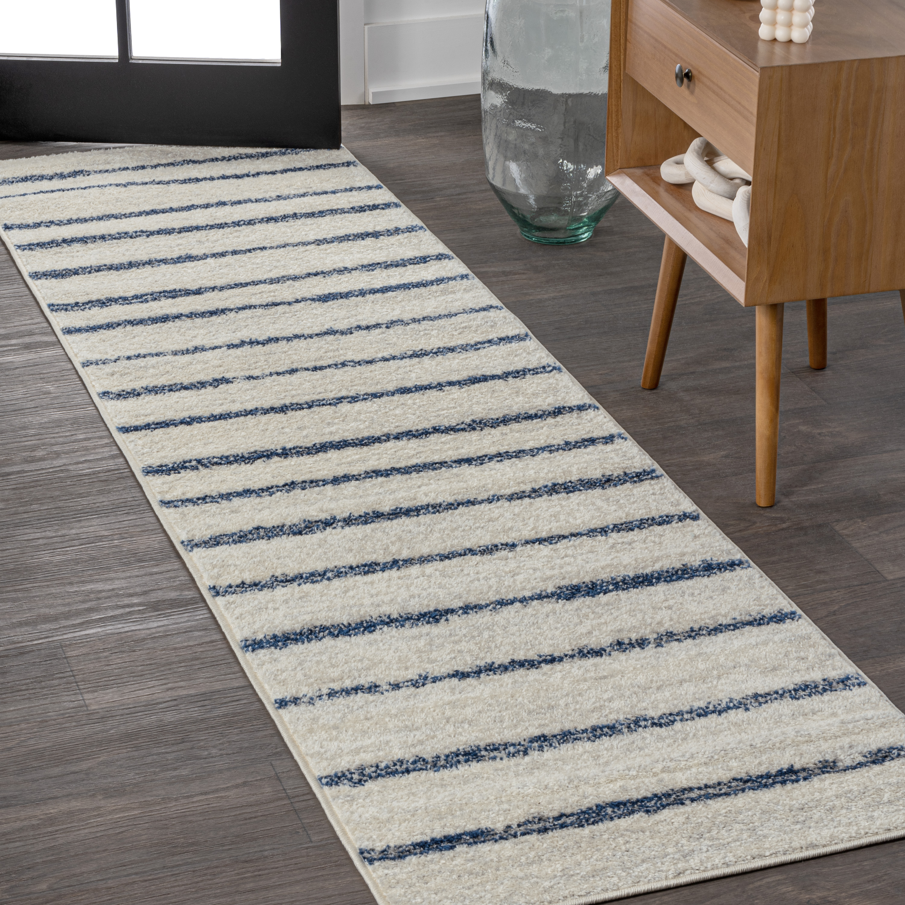 JONATHAN Y MOROCCAN HYPE 2 x 8 Runner Rug, Williamsburg Minimalist Stripe - Cream/Navy, MOH201E-28