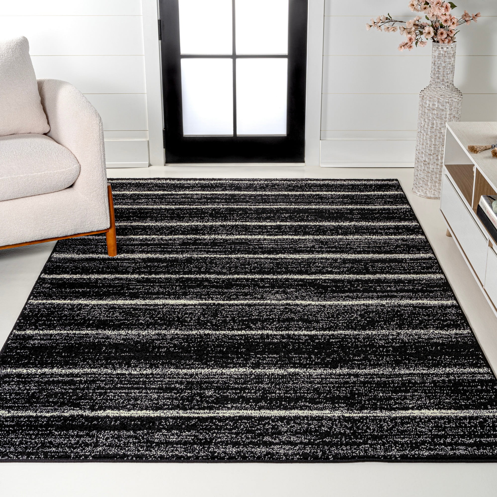 Williamsburg Minimalist Stripe Black and Cream Synthetic Rectangular Area Rug