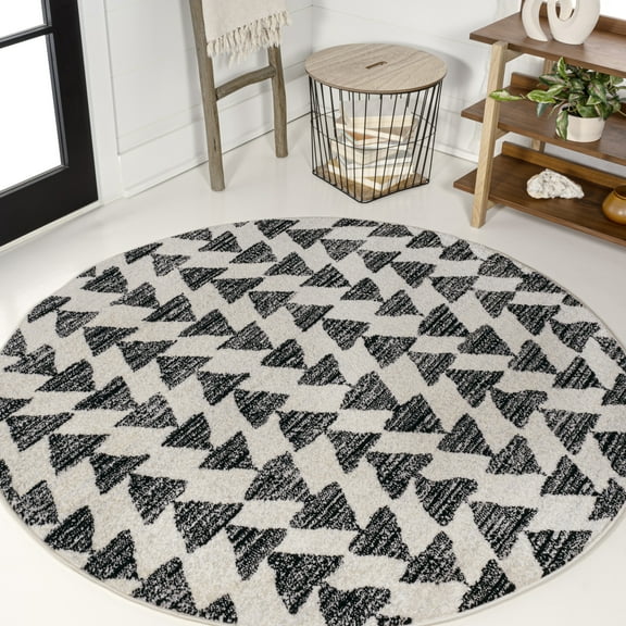 JONATHAN Y MOROCCAN HYPE 3' Round Area Rug, Aisha Moroccan Triangle Geometric - Cream/Black, MOH206A-3R