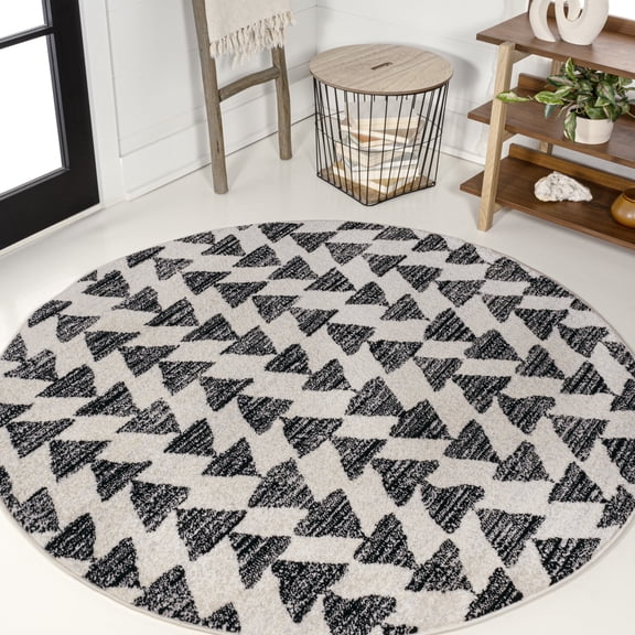 JONATHAN Y MOROCCAN HYPE 8' Round Area Rug, Aisha Moroccan Triangle Geometric - Cream/Black, MOH206A-8R