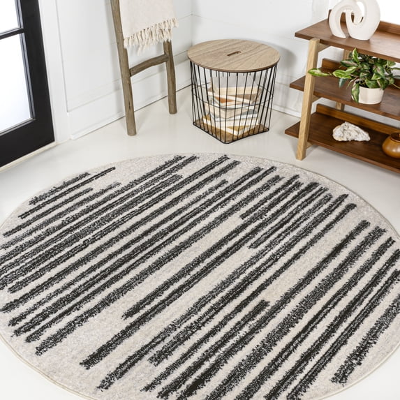JONATHAN Y MOROCCAN HYPE 7' Round Area Rug, Khalil Berber Stripe - Cream/Black, MOH207A-7R