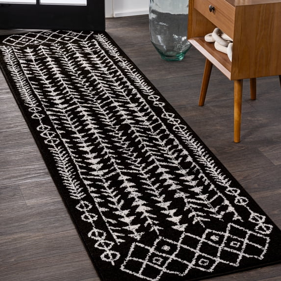 JONATHAN Y MOROCCAN HYPE 2 x 8 Runner Rug, Ziri Moroccan Geometric - Black/Cream, MOH210C-28