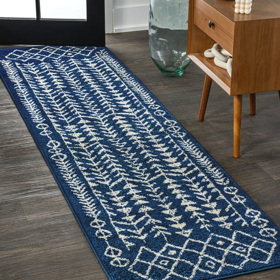 JONATHAN Y MOROCCAN HYPE 2 x 8 Runner Rug, Ziri Moroccan Geometric - Navy/Cream, MOH210D-28