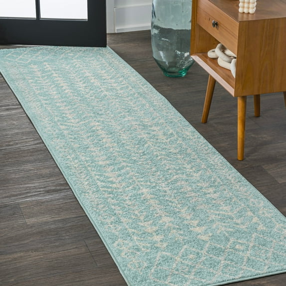 JONATHAN Y MOROCCAN HYPE 2 x 8 Runner Rug, Ziri Moroccan Geometric - Turquoise/Cream, MOH210E-28