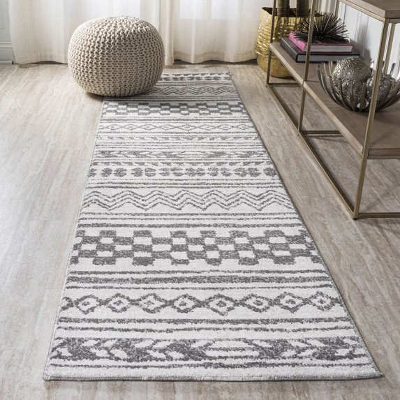 JONATHAN Y MOROCCAN HYPE 2 x 10 Runner Rug, Imlil Tribal Geometric Stripe - Light Gray/Cream, MOH303A-210