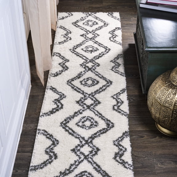 JONATHAN Y MOROCCAN HYPE 2 x 8 Runner Rug, Deia Moroccan Style Diamond Shag - White/Gray, MOH401A-28