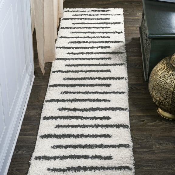 JONATHAN Y MOROCCAN HYPE 2 x 10 Runner Rug, Alaro Berber Stripe Shag - White/Gray, MOH402A-210