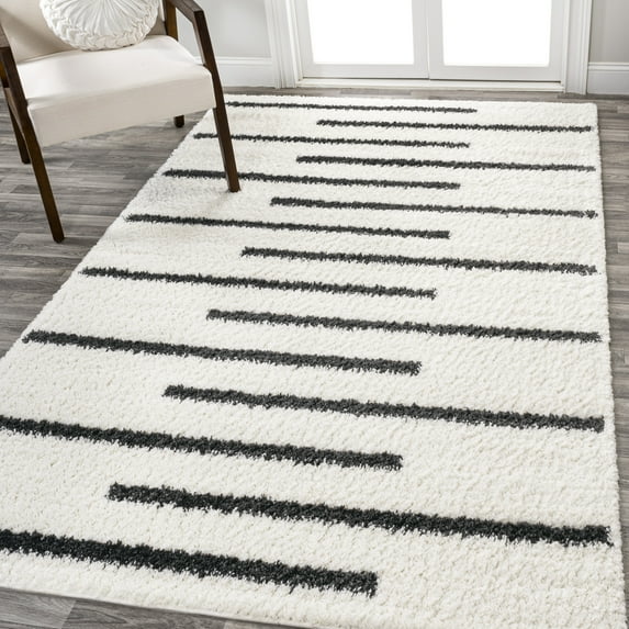 JONATHAN Y MOROCCAN HYPE 5 x 8 Area Rug, Alaro Berber Stripe Shag - White/Gray, MOH402A-5