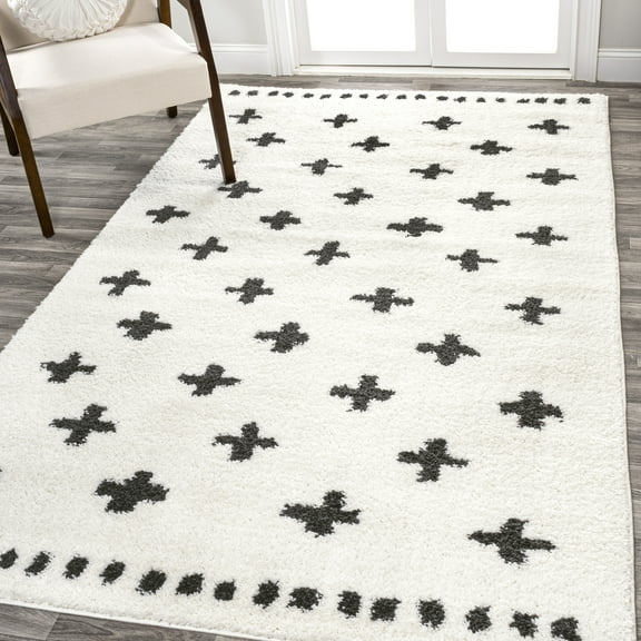 JONATHAN Y MOROCCAN HYPE 8 x 10 Area Rug, Cristo Berber Geometric Shag - White/Gray, MOH403A-8