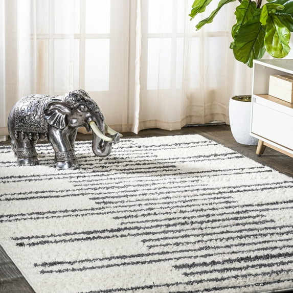 JONATHAN Y MOROCCAN HYPE 8 x 10 Area Rug, Petra Stripe Geometric Shag - White/Gray, MOH406A-8