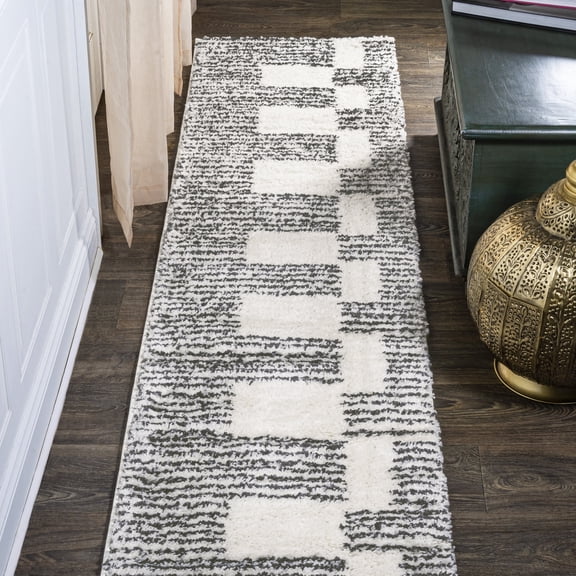 JONATHAN Y MOROCCAN HYPE 2 x 10 Runner Rug, Petra Abstract Stripe Geometric Shag - White/Gray, MOH407A-210