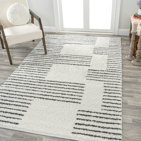 JONATHAN Y MOROCCAN HYPE 5 x 8 Area Rug, Petra Abstract Stripe Geometric Shag - White/Gray, MOH407A-5