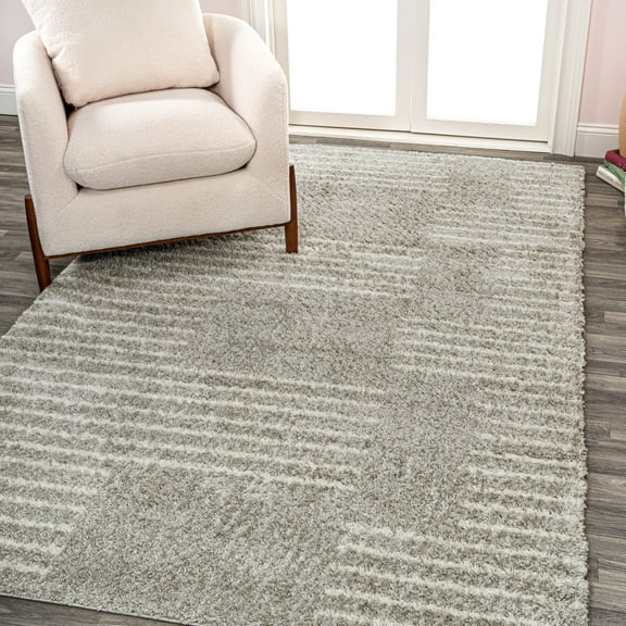 JONATHAN Y MOROCCAN HYPE 5 x 8 Area Rug, Petra Abstract Stripe Geometric Shag - Gray/Ivory, MOH407B-5