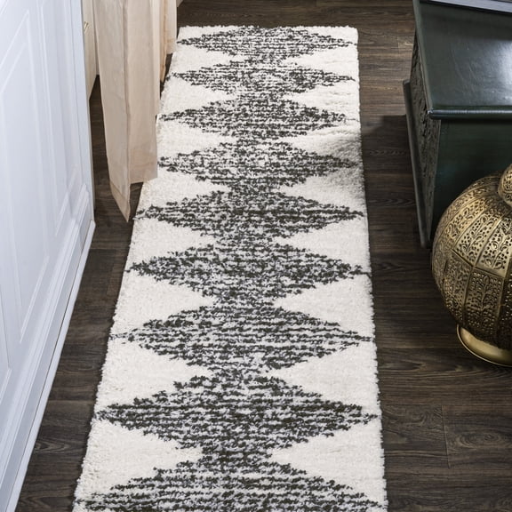 JONATHAN Y MOROCCAN HYPE 2 x 10 Runner Rug, Elm Diamond Stripe Geometric Shag - White/Gray, MOH408A-210
