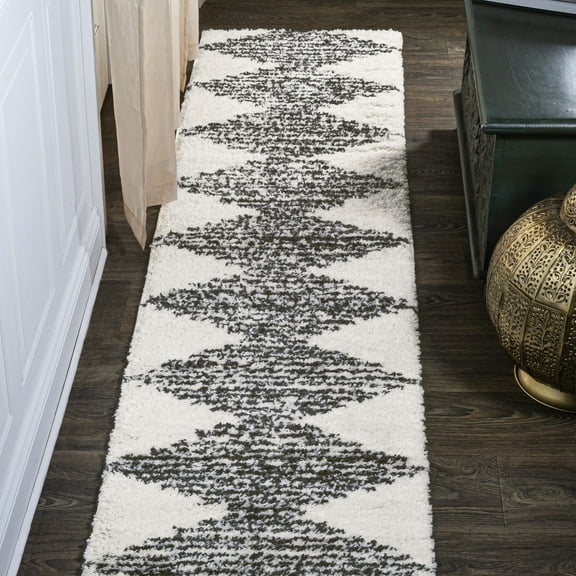 JONATHAN Y MOROCCAN HYPE 2 x 8 Runner Rug, Elm Diamond Stripe Geometric Shag - White/Gray, MOH408A-28