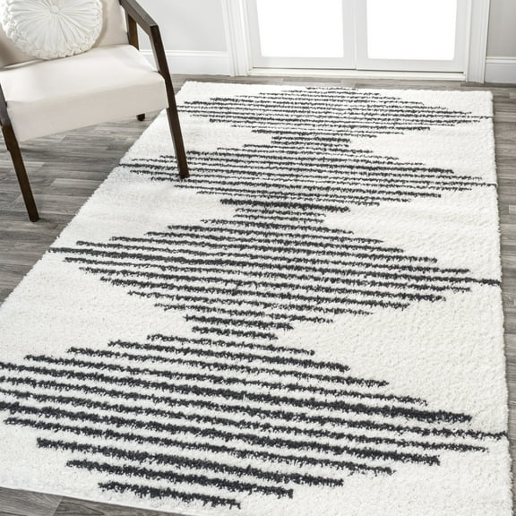JONATHAN Y MOROCCAN HYPE 4 x 6 Area Rug, Elm Diamond Stripe Geometric Shag - White/Gray, MOH408A-4