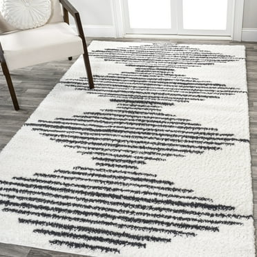 JONATHAN Y MOH408A-5 Elm Diamond Stripe Geometric Shag White/Gray 5 ft. x 8 ft. Area Rug, Bohemian Contemporary, Pet Friendly, Stain Resistant, Easy to Clean, for Living Room; Kitchen, Bedroom