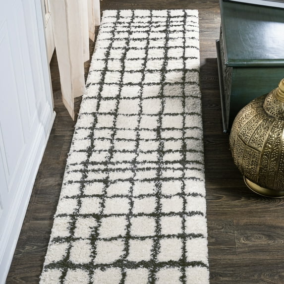 JONATHAN Y MOROCCAN HYPE 2 x 8 Runner Rug, Arenal Geometric Grid Shag - White/Gray, MOH409A-28