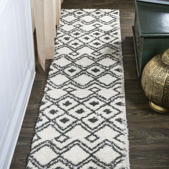 JONATHAN Y MOROCCAN HYPE 2 x 10 Runner Rug, Caimari Moroccan Diamond Shag - White/Gray, MOH412A-210
