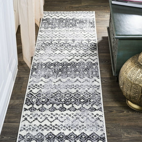 JONATHAN Y MOROCCAN HYPE 2 x 8 Runner Rug, Azmar Moroccan Geometric Distressed - Ivory/Black, MOH504A-28