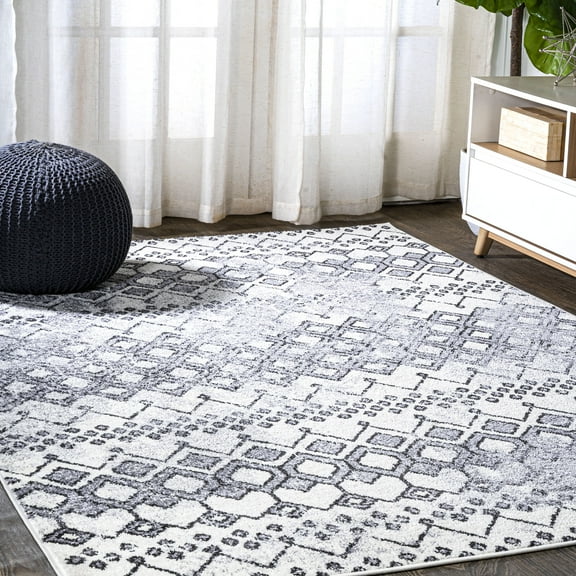 JONATHAN Y MOROCCAN HYPE 5 x 8 Area Rug, Azmar Moroccan Geometric Distressed - Ivory/Black, MOH504A-5