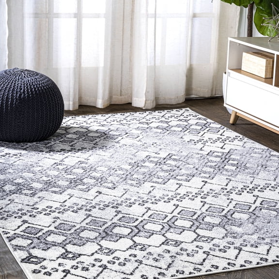 JONATHAN Y MOROCCAN HYPE 8 x 10 Area Rug, Azmar Moroccan Geometric Distressed - Ivory/Black, MOH504A-8