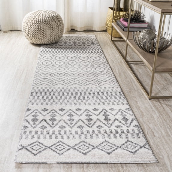 JONATHAN Y MOROCCAN HYPE 2 x 8 Runner Rug, Ifrane Berber Geometric Stripe - Cream/Gray, MOH301A-28