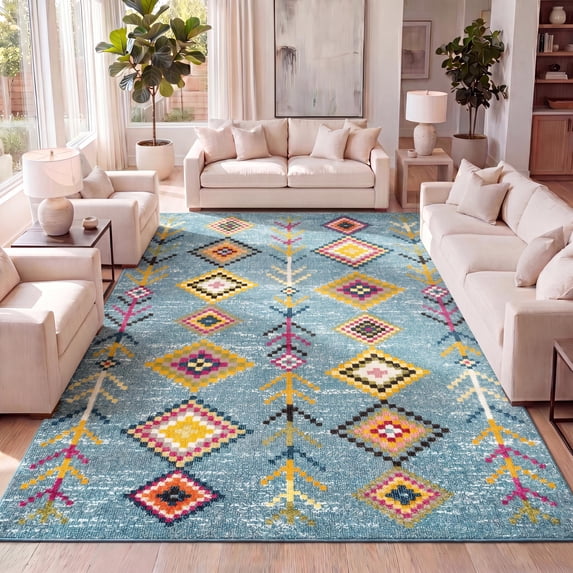 JONATHAN Y MOROCCAN HYPE 3 x 5 Area Rug, Tribal Love Geometric - Light Blue/Multi, MOH105D-3