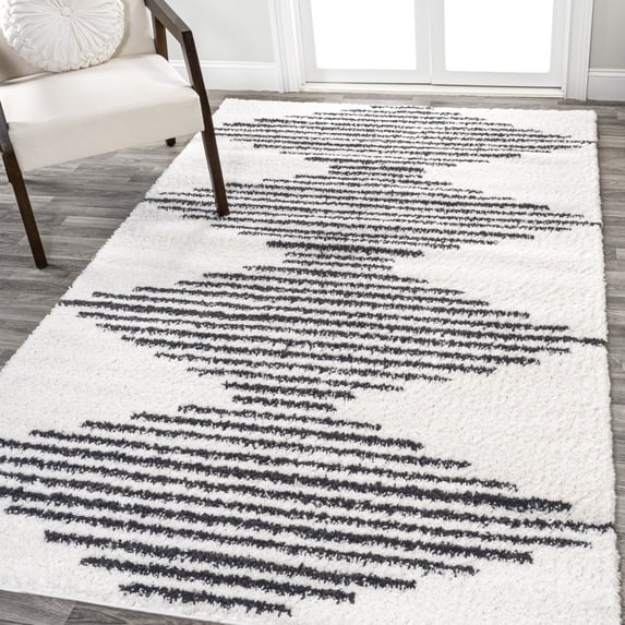 JONATHAN Y MOROCCAN HYPE 8 x 10 Area Rug, Elm Diamond Stripe Geometric Shag - White/Gray, MOH408A-8