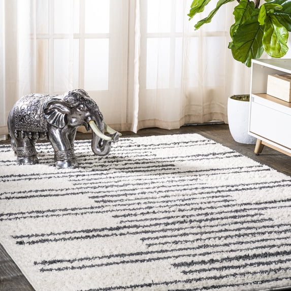 JONATHAN Y MOROCCAN HYPE 8 x 10 Area Rug, Petra Stripe Geometric Shag - White/Gray, MOH406A-8