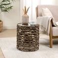 thumbnail image 1 of JONATHAN Y Malaya 16" Bohemian Coastal Handwoven Water Hyacinth Open Weave Round End Table with Glass Top, Brown, TBL2508B, 1 of 6
